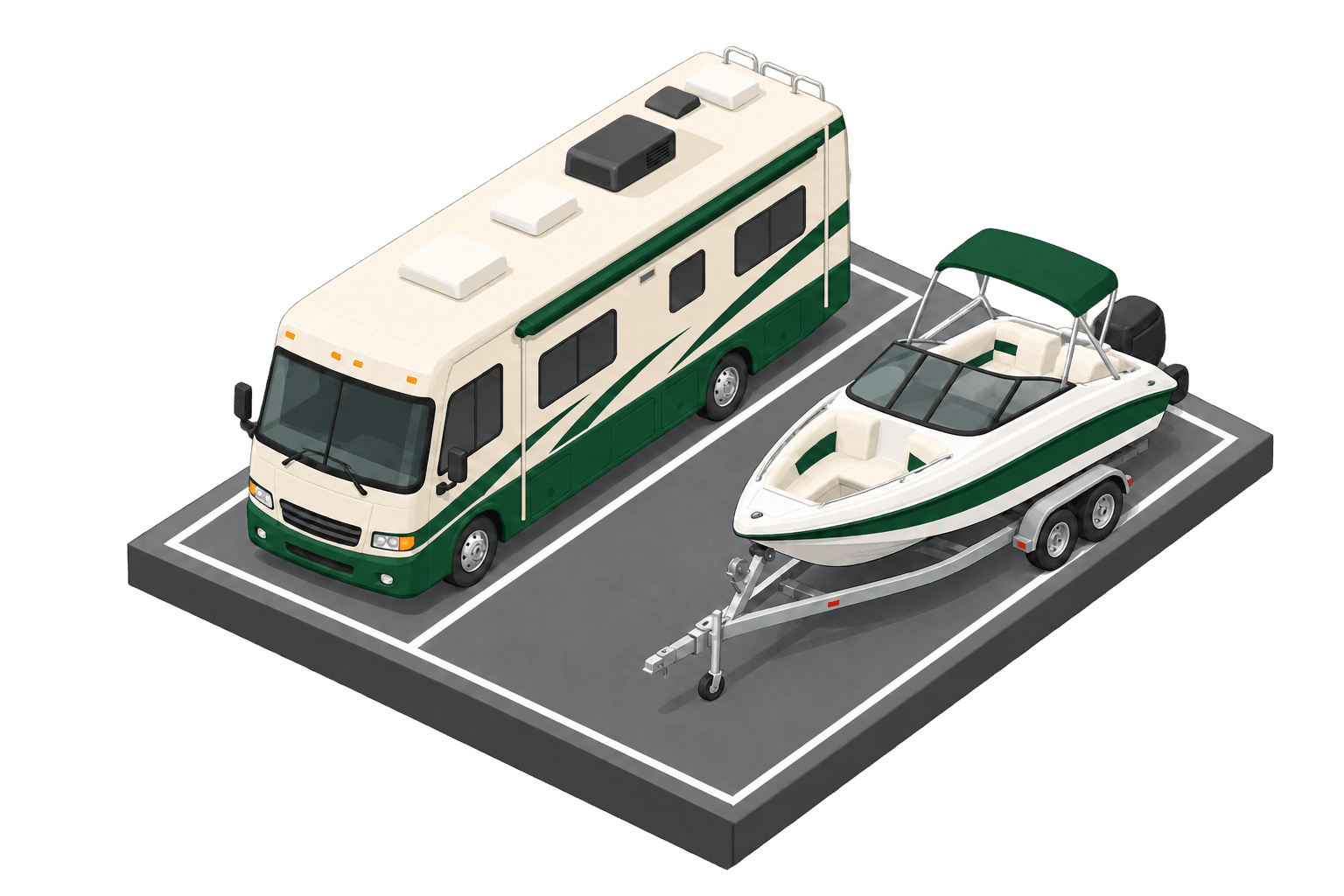 Illustration of an RV and a boat on a trailer in parking spaces