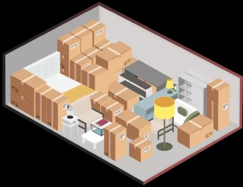 Illustration of a large storage unit filled with household furniture and boxes