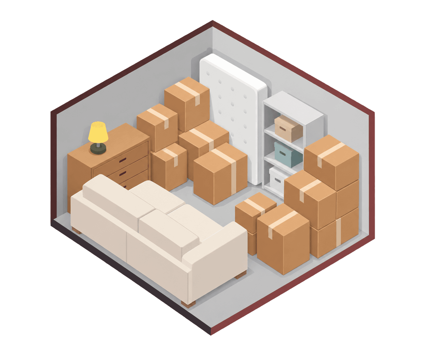 Illustration of a mid-size storage unit with furniture and boxes