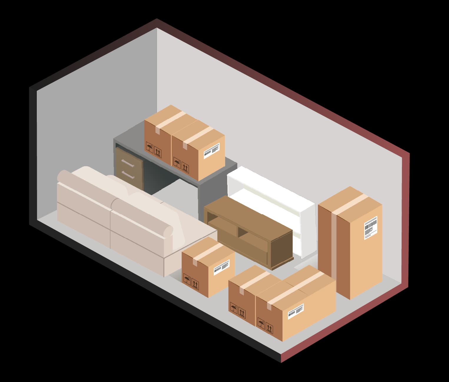 Illustration of a smaller storage unit with a sofa, desk, and boxes